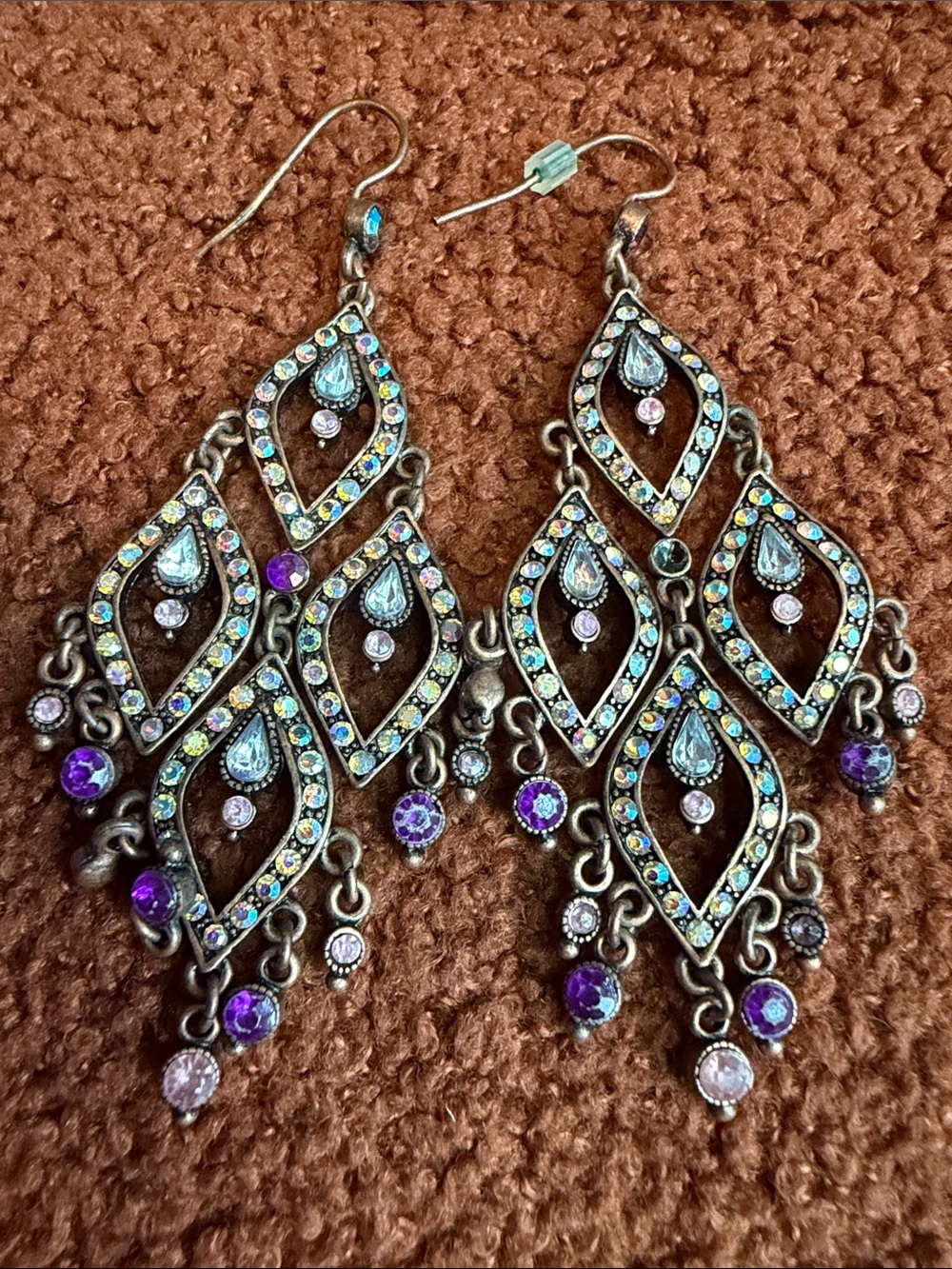 Rhinestone Teardrop Chandelier Earrings - Purple and Iridescent